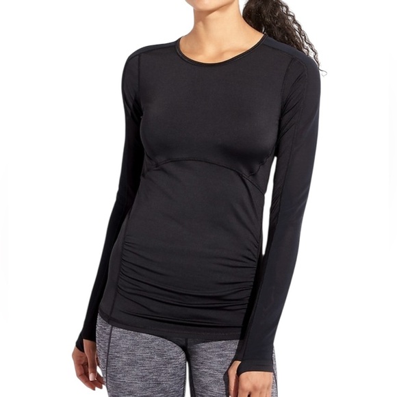 ATHLETA Mesh Sleeve Stealth Athletic Top with Thumbholes Black Size S - Picture 2 of 12